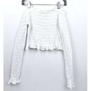 Zara White Smocked Off Shoulder Crop Top Long Sleeve Ruffle Trim Size M